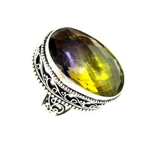 BiColor Simulated Citrine Tourmaline Ring Sz 8 Faceted Stone 925 Silver Purple